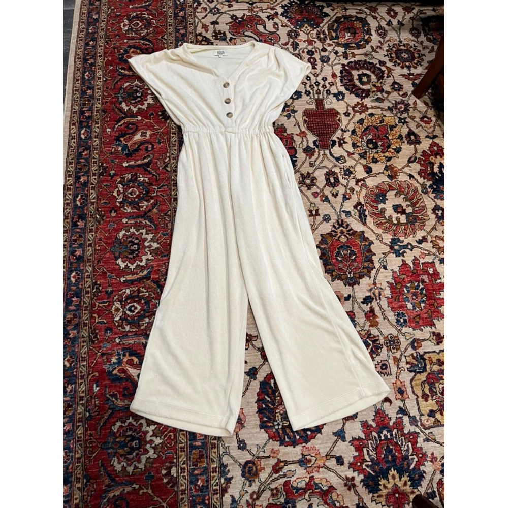 Cream Short-Sleeve Wide-Leg Jumpsuit